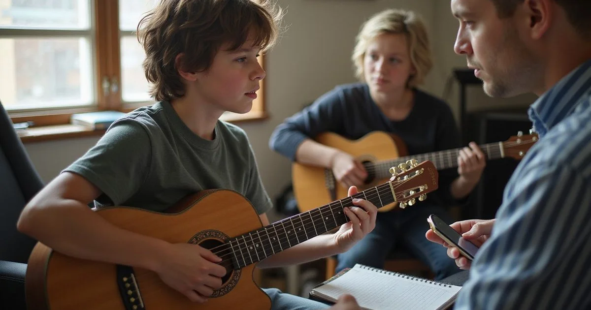 A teen focused during a guitar lesson with the instructor beside them