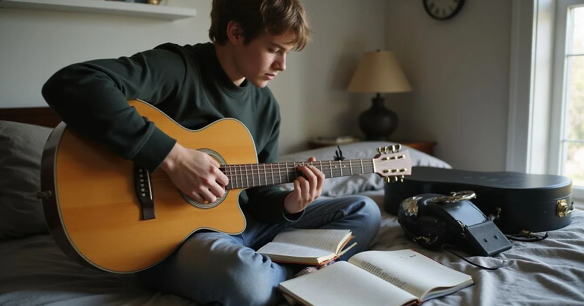 A teen writing lyrics with a guitar across their lap