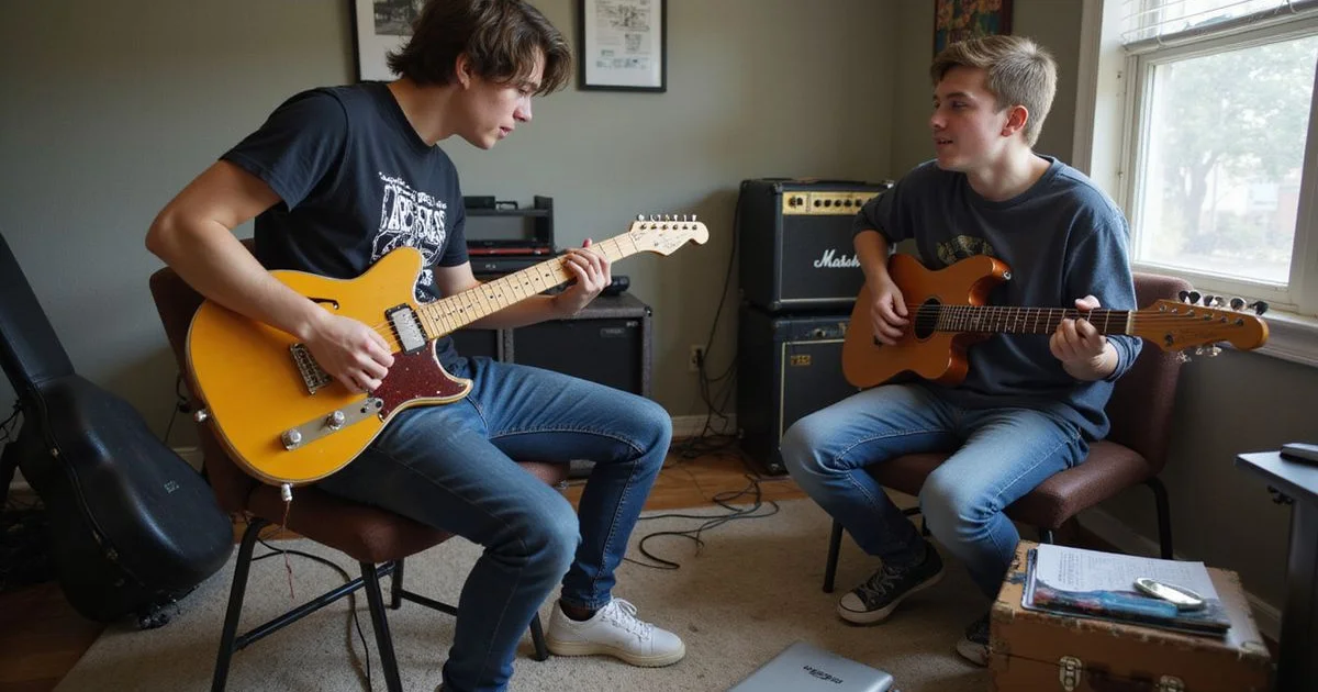 Two teens playing guitar together in a casual jam