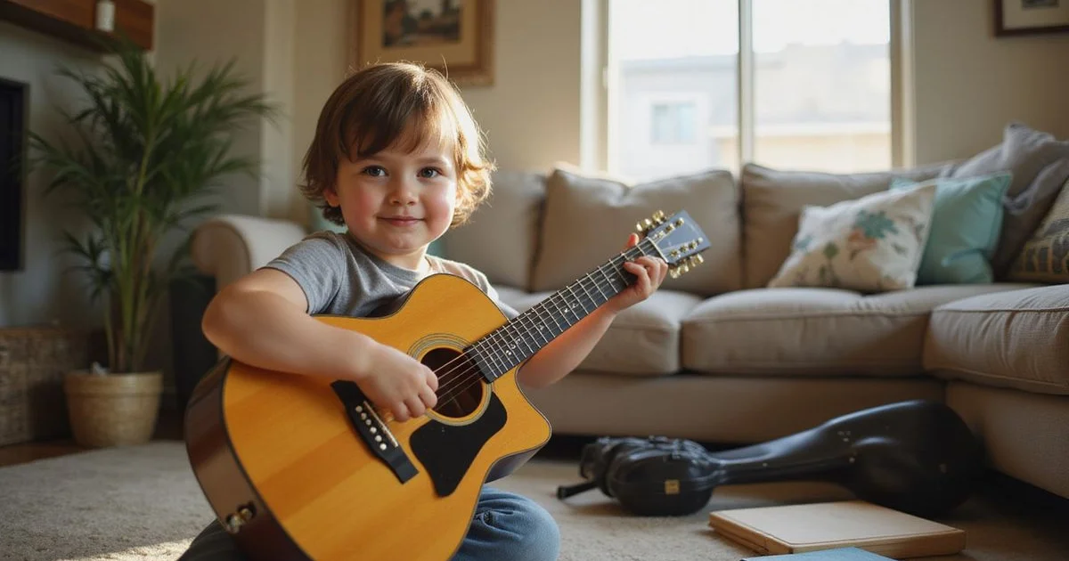 A young child holding a half-size acoustic guitar at home