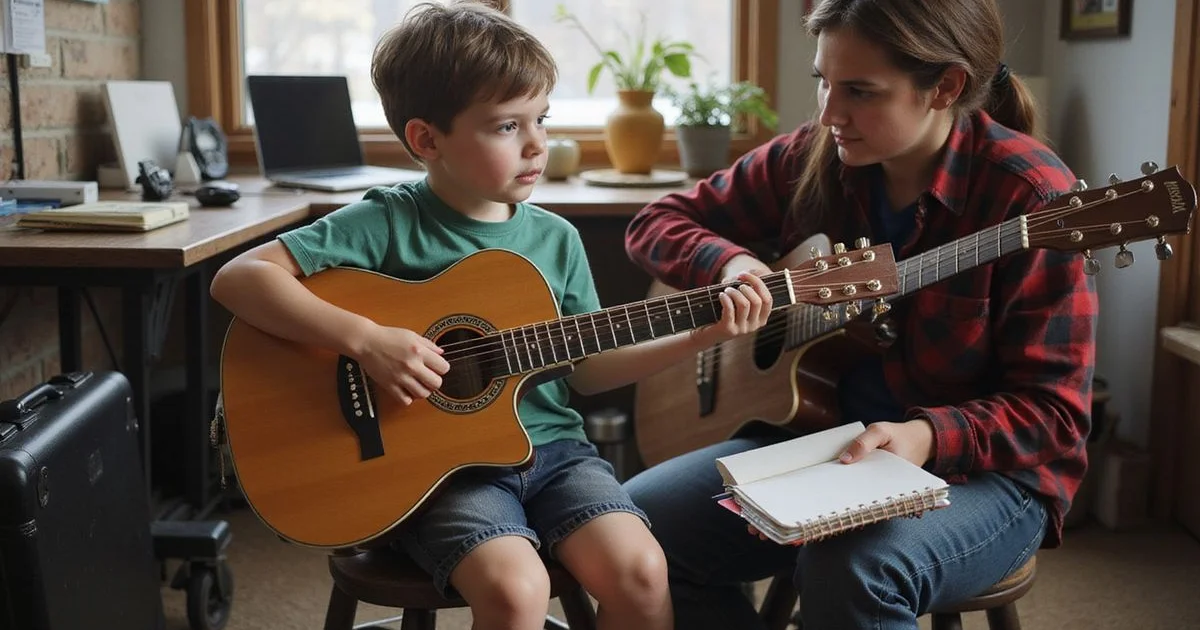 A young child in a short, focused guitar lesson