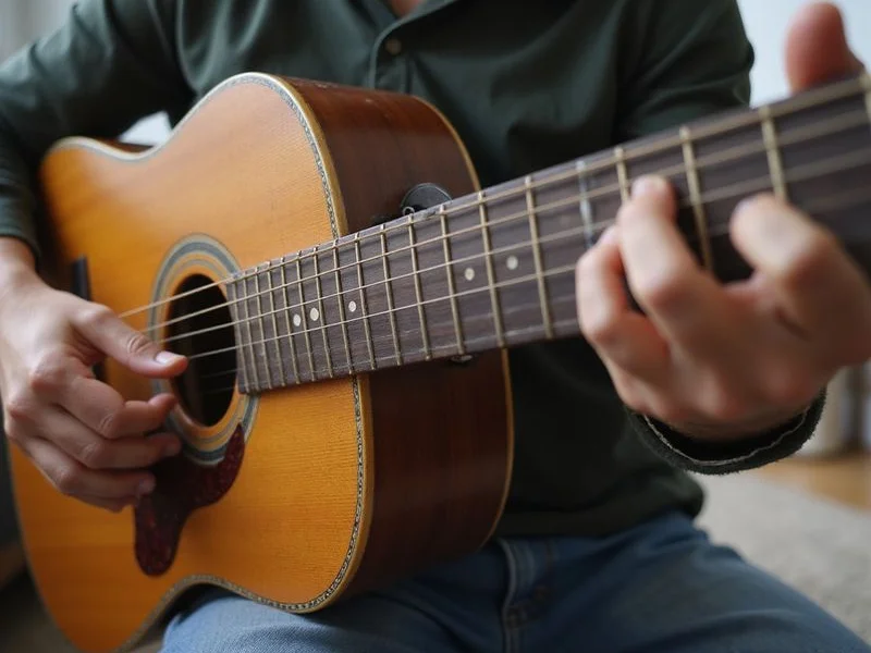 A fingerpicking hand position on a steel-string acoustic