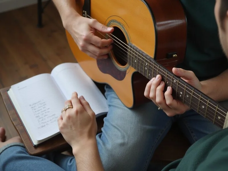 An adult student forming a barre chord during a lesson