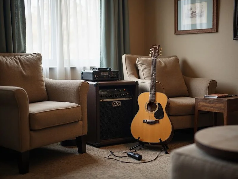 A compact lobby setup that fits the room