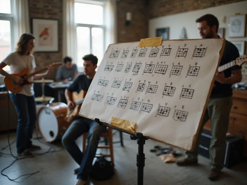 A chord chart on a stand during a jam