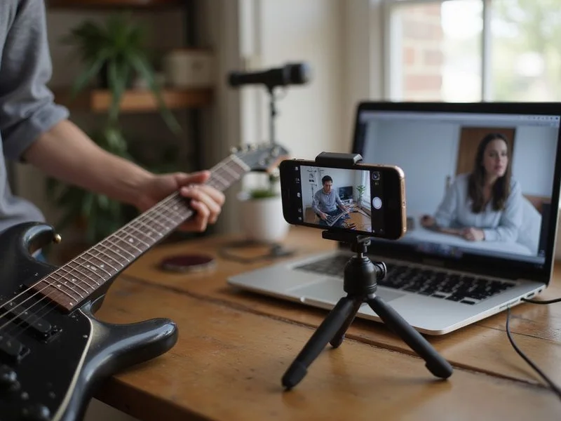 A camera angle set up for an online guitar lesson