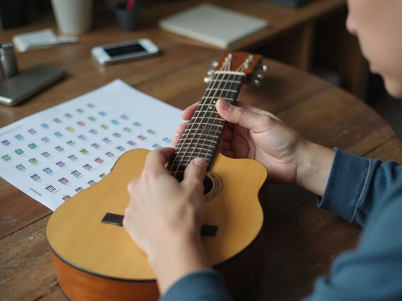 A child's hands on a small nylon-string guitar