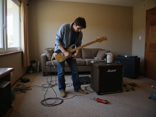 An adult student setting up an amp in the studio
