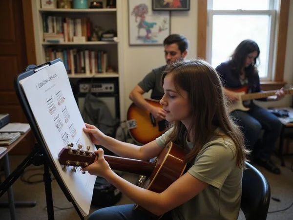 A beginner following a chart at a jam