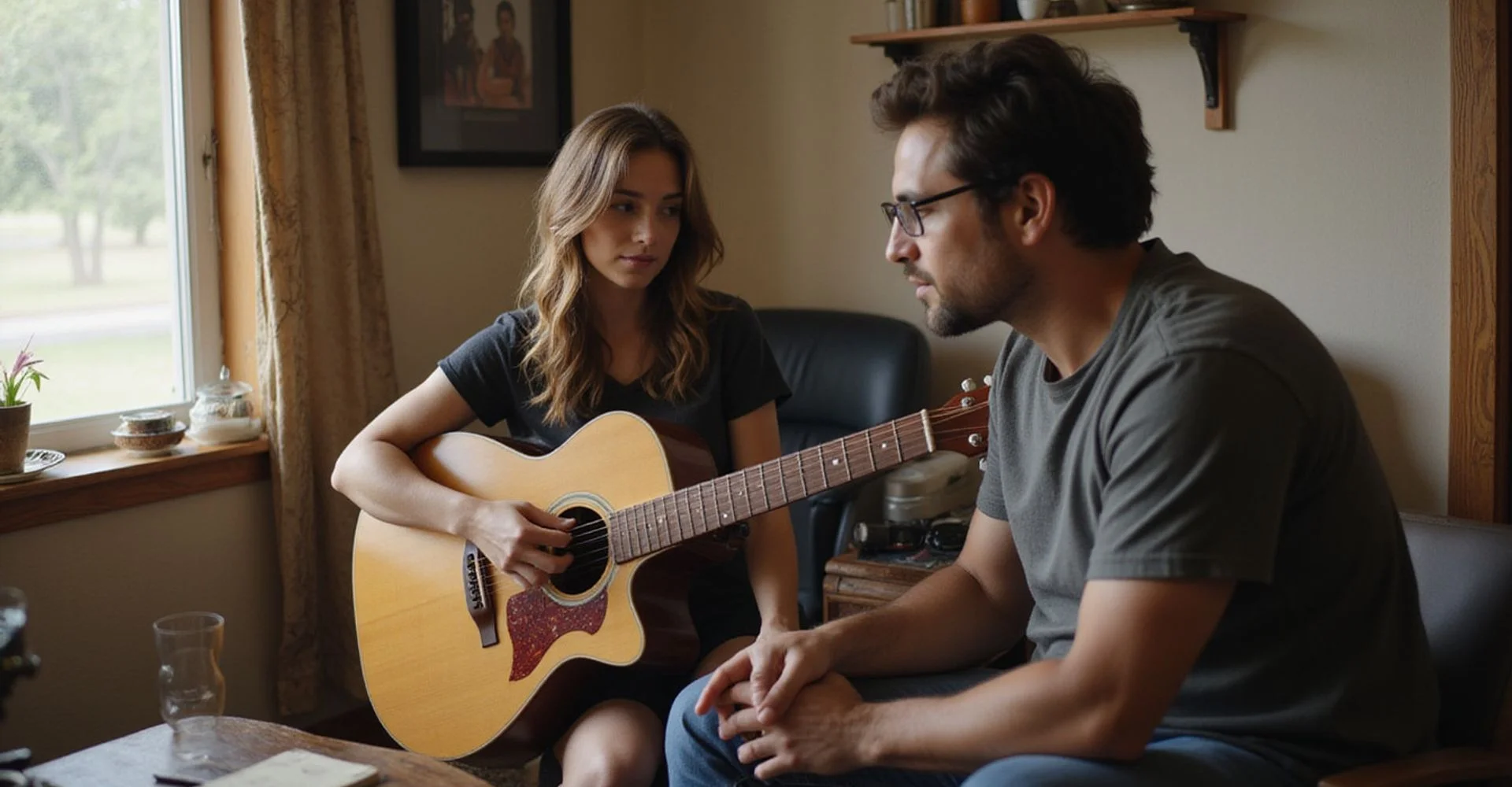 A first-time student learning to hold a chord shape