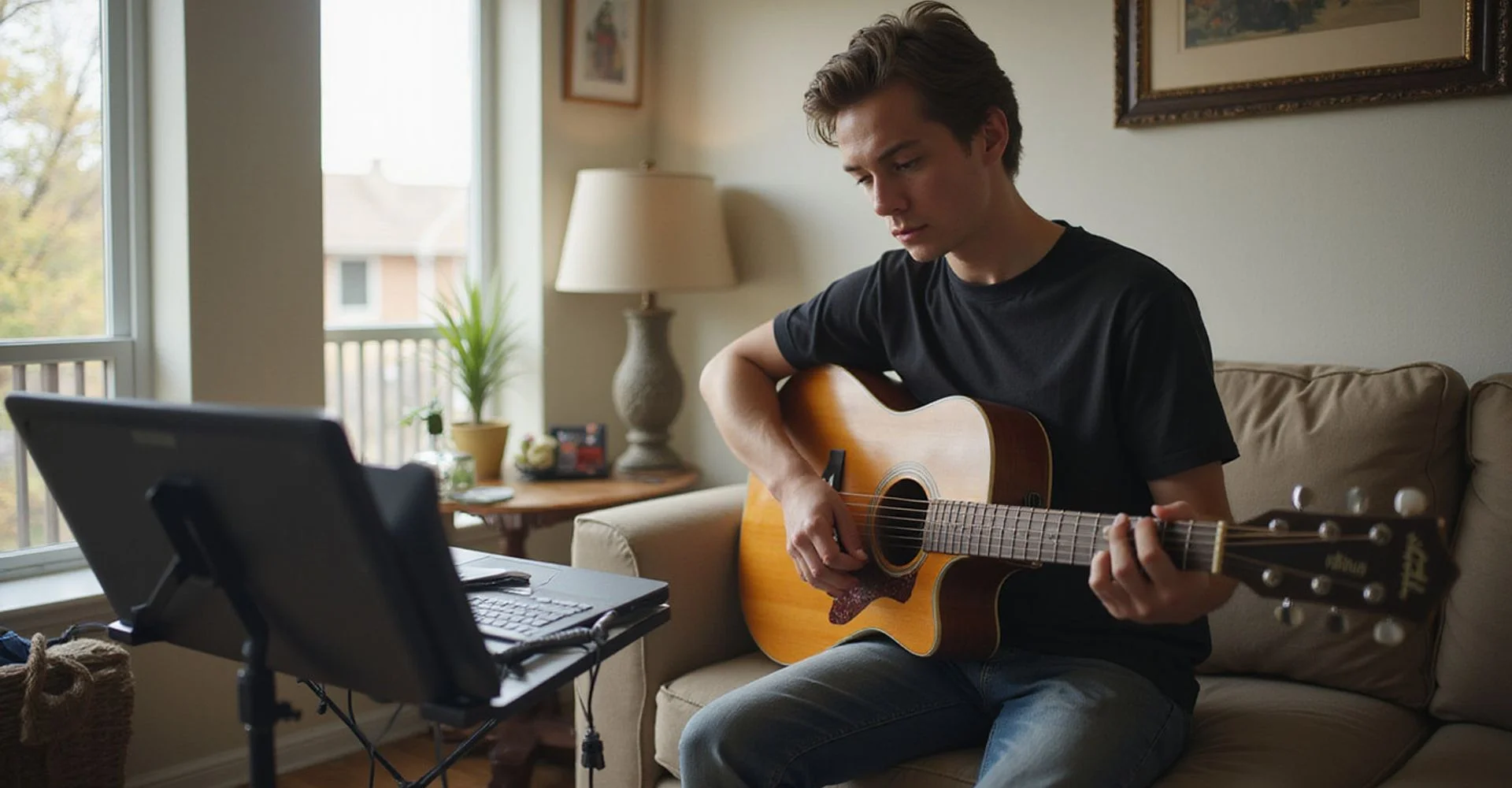 A student taking a live online guitar lesson at home