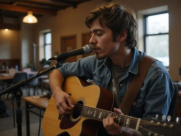 A first-time performer tuning up before their set