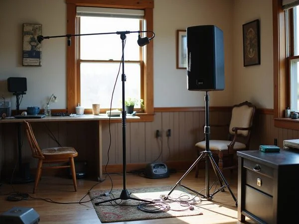 The PA and backline set up before a Sessions night
