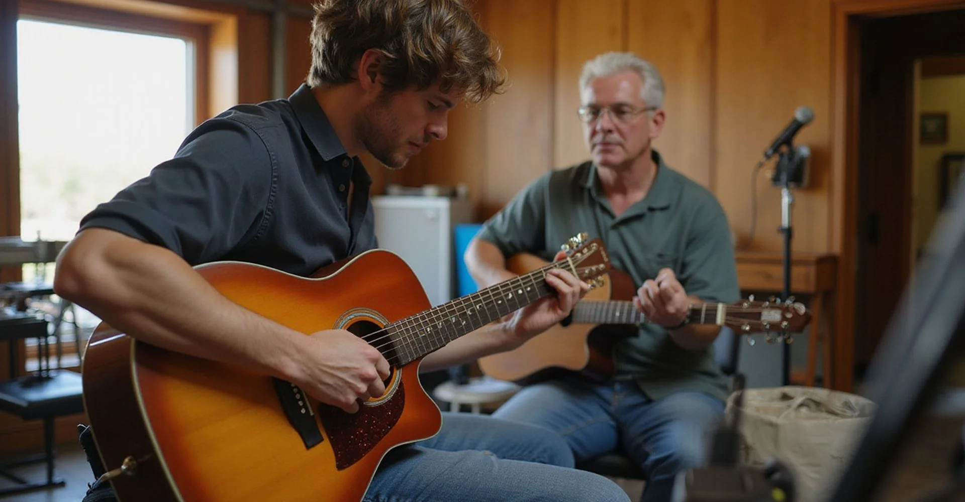 An acoustic student learning a fingerpicking pattern