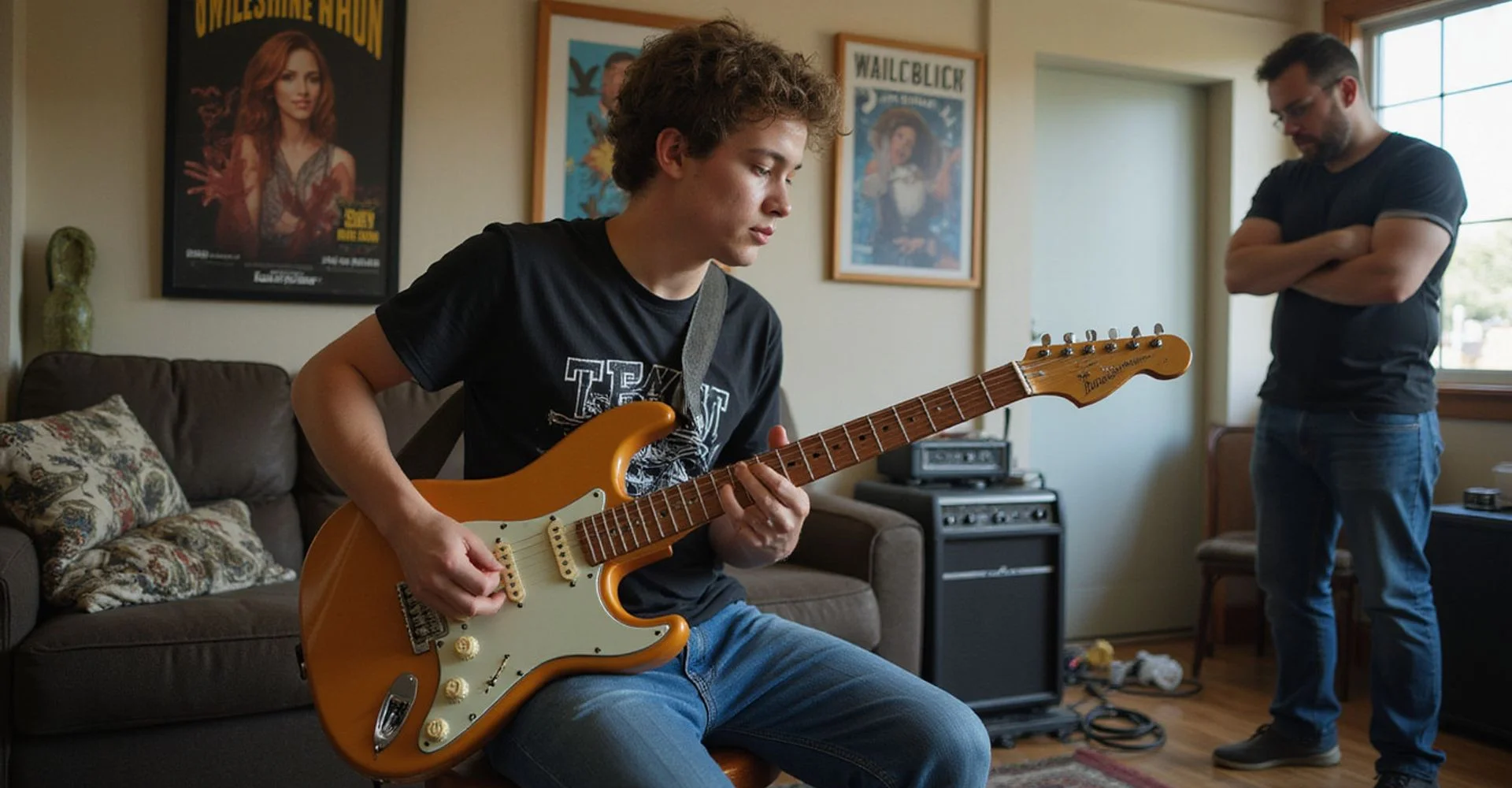 A teen student working through a riff during a lesson