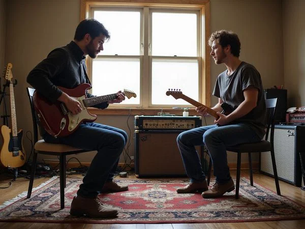 Two players trading parts at a jam session