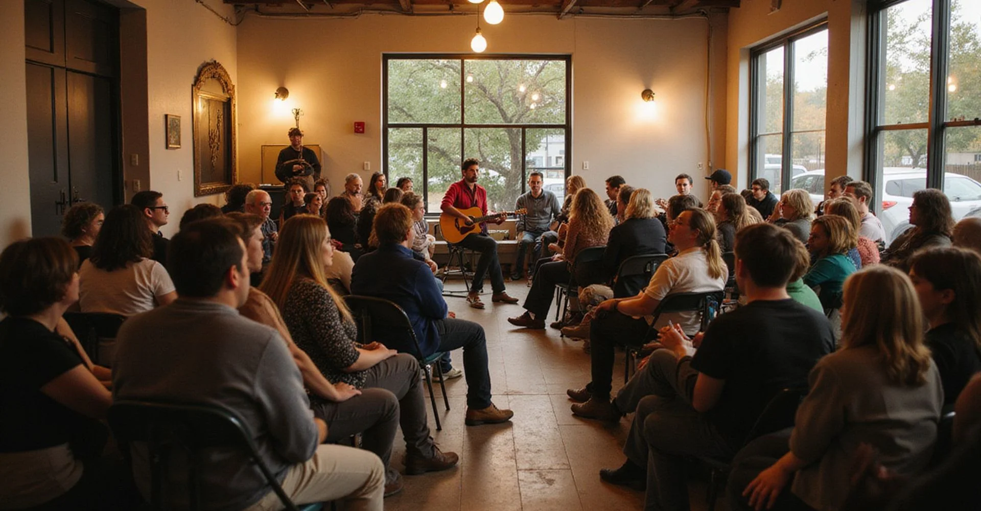 A full room watching a student play at The Sessions
