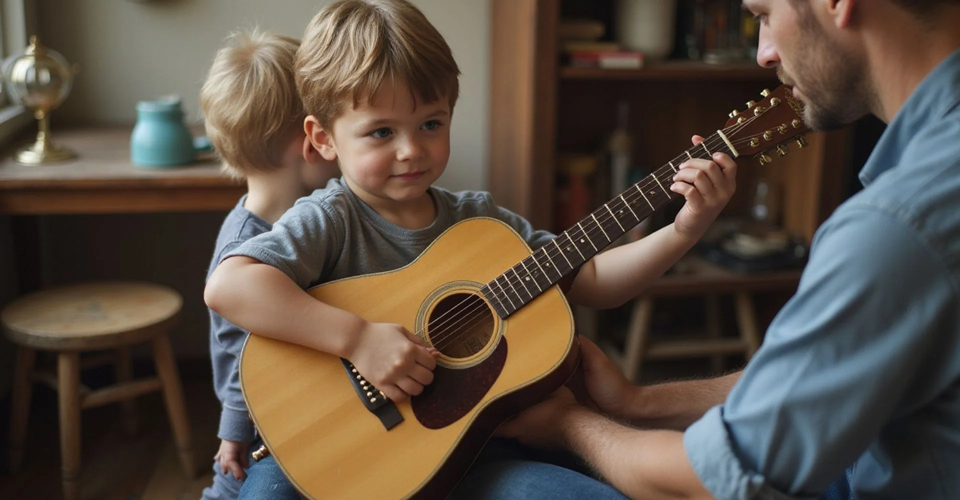 A young student learning a first chord on a 3/4 size guitar